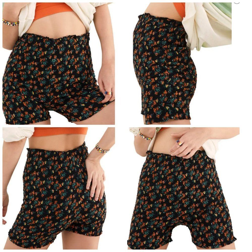 Free People Black High Waist Floral Shorts with Orange and Teal Print